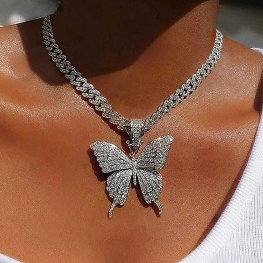 Silver Butterfly Cuban Link Chain Necklace